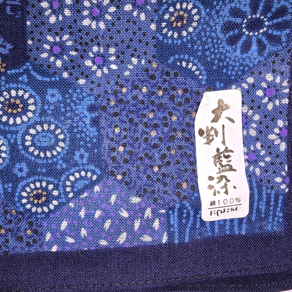 Vintage Japanese indigo-dyed cloth Blue Hexagon Pattern Cotton Handkerchief - Picture 2 of 4